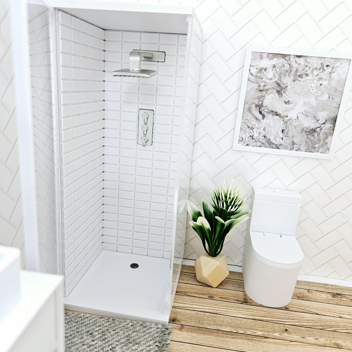 Dolls House Modern Shower Cubicle | Acrylic Door & Metro Tiles | 1:12 Scale Miniature