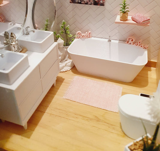 Dolls House Modern Full Bathroom Set, Bath, Vanity with double sinks, Toilet, Mirror & Soap Pump, 1:12th scale, miniature set