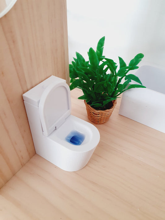 Dollhouse White Modern Toilet With Working Hinged Toilet Lid and Blue Toilet cleaner, 12th Scale, Miniature Toilet, Miniature Bathroom