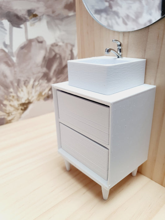 Dolls House Modern Bathroom Vanity with White Round or Square Sink  1:12th Scale, Miniature Cloakroom Sink