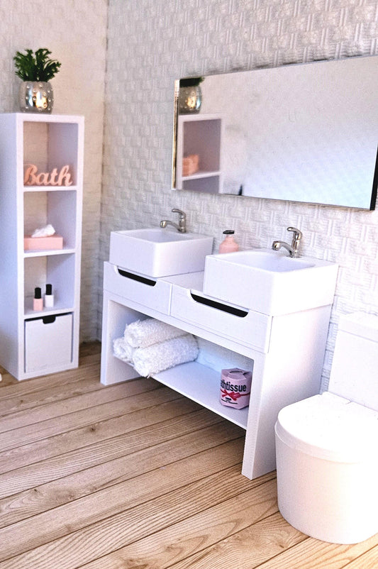 Dolls House Modern Vanity with 2x Opening Drawers, with a bottom shelf with 2x sinks, 12th Scale, Miniature