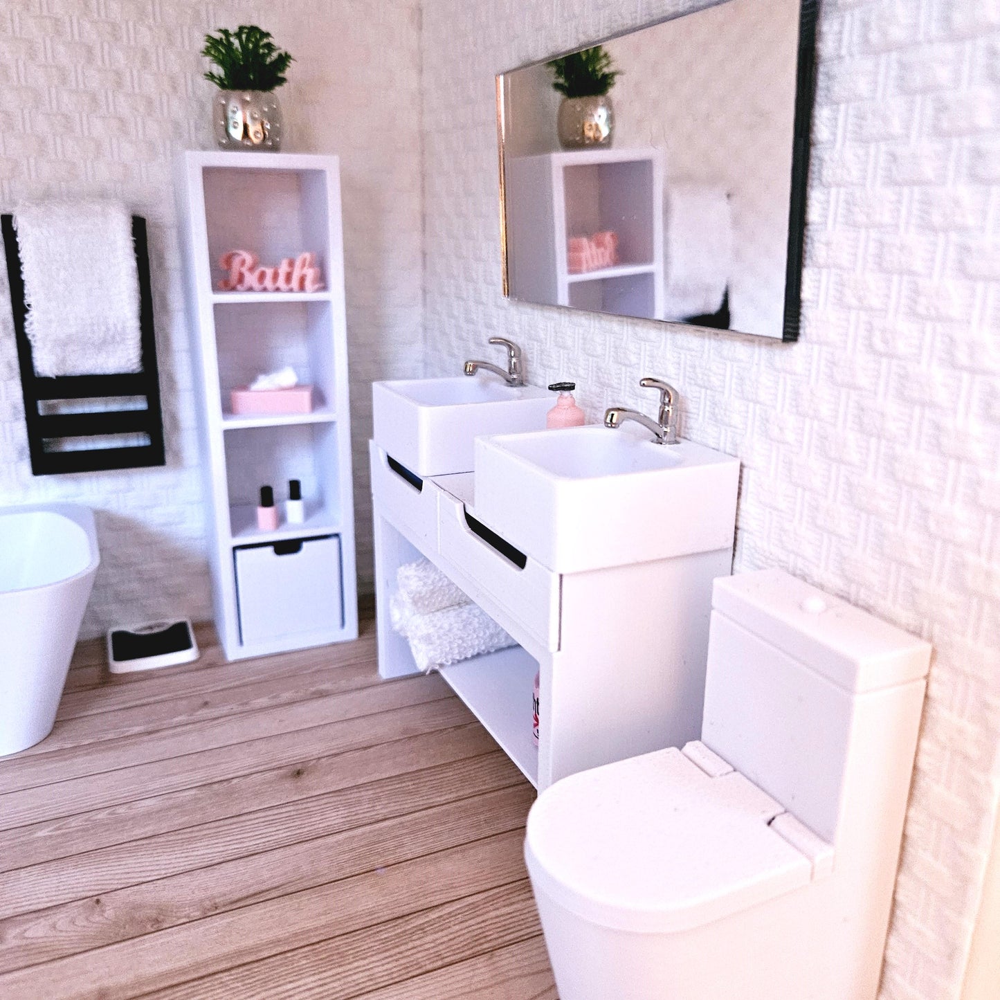 Dolls House Modern Vanity with 2x Opening Drawers, with a bottom shelf with 2x sinks, 12th Scale, Miniature