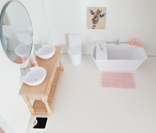 Dolls House Modern Full Bathroom Set, Bath, Wooden Vanity with double sinks, Toilet, Mirror & Soap Pump, Relax Sign, Bath Board, 12th scale