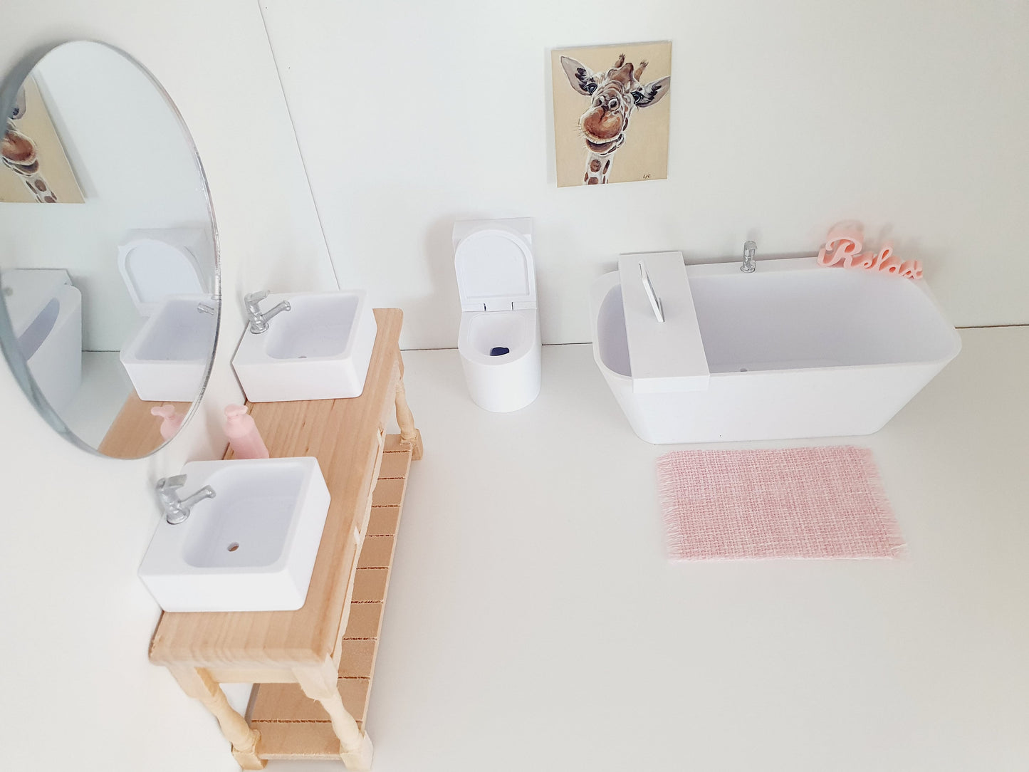 Dolls House Modern Full Bathroom Set, Bath, Wooden Vanity with double sinks, Toilet, Mirror & Soap Pump, Relax Sign, Bath Board, 12th scale