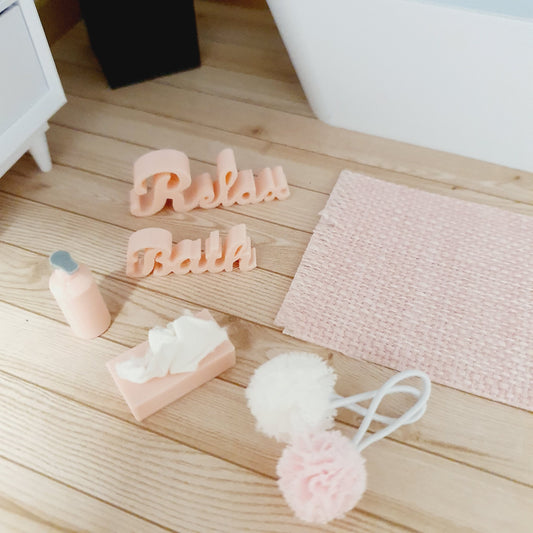Dolls House Bathroom Accessories, Bath & Relax word, Soap pump. 2x Shower puffs, tissue box, bath mat,  12th scale, choice of colours