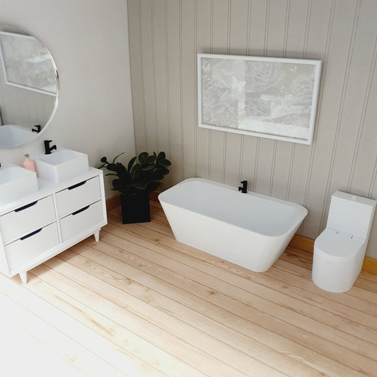 Dolls House White Modern Full Bathroom Set, Bath, Vanity with double sinks, Toilet, Mirror & Soap Pump, 1:12th scale, miniature set