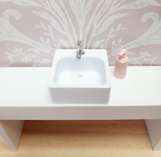 Dolls House Modern Square or Round Sink with Chrome Tap, ** SINK ONLY **  Different Colours Available, 1:12 Scale, Miniature Sink