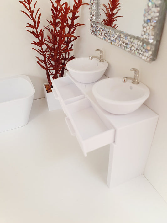 Dolls House Modern Vanity Stand with 2x Opening Drawers, with 2x White Round or Square Sink  1:12th Scale, Miniature Vanity Unit (VA-DT)