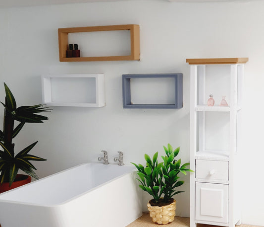 Dolls House Modern Wall Shelves | Set of 3 | White, Light Grey & Wood Effect | 1:12 Scale Miniature