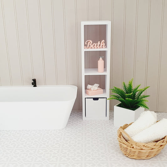 Dolls House Modern Bathroom Shelf Unit with 1 Storage Box, 1:12th Scale, Miniature shelf, Choice of Colours