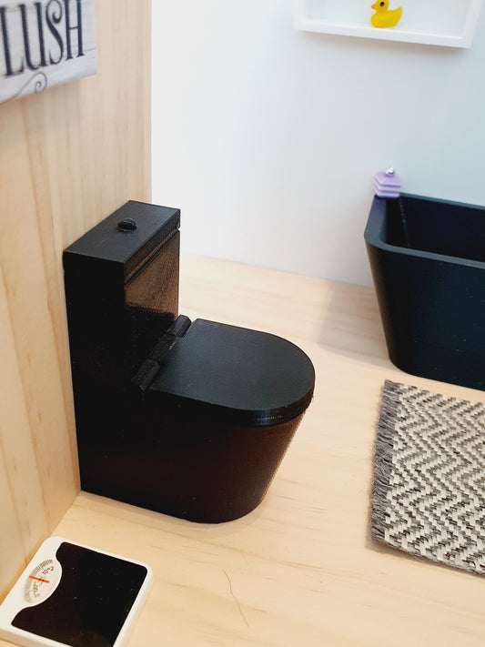 Dolls House Black Modern Toilet With Working Hinged Toilet Lid, 12th Scale, Miniature Toilet, Miniature Bathroom
