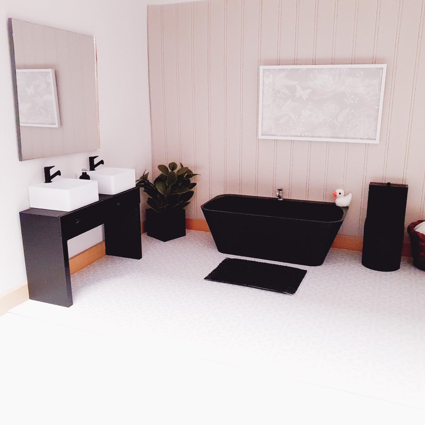 Dolls House Modern Black Bathroom Set, Bath, Vanity with double sinks, Toilet, soap pump & mirror, 1:12th scale, miniature set