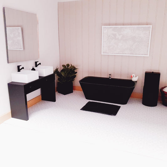 Dolls House Modern Black Bathroom Set, Bath, Vanity with double sinks, Toilet, soap pump & mirror, 1:12th scale, miniature set
