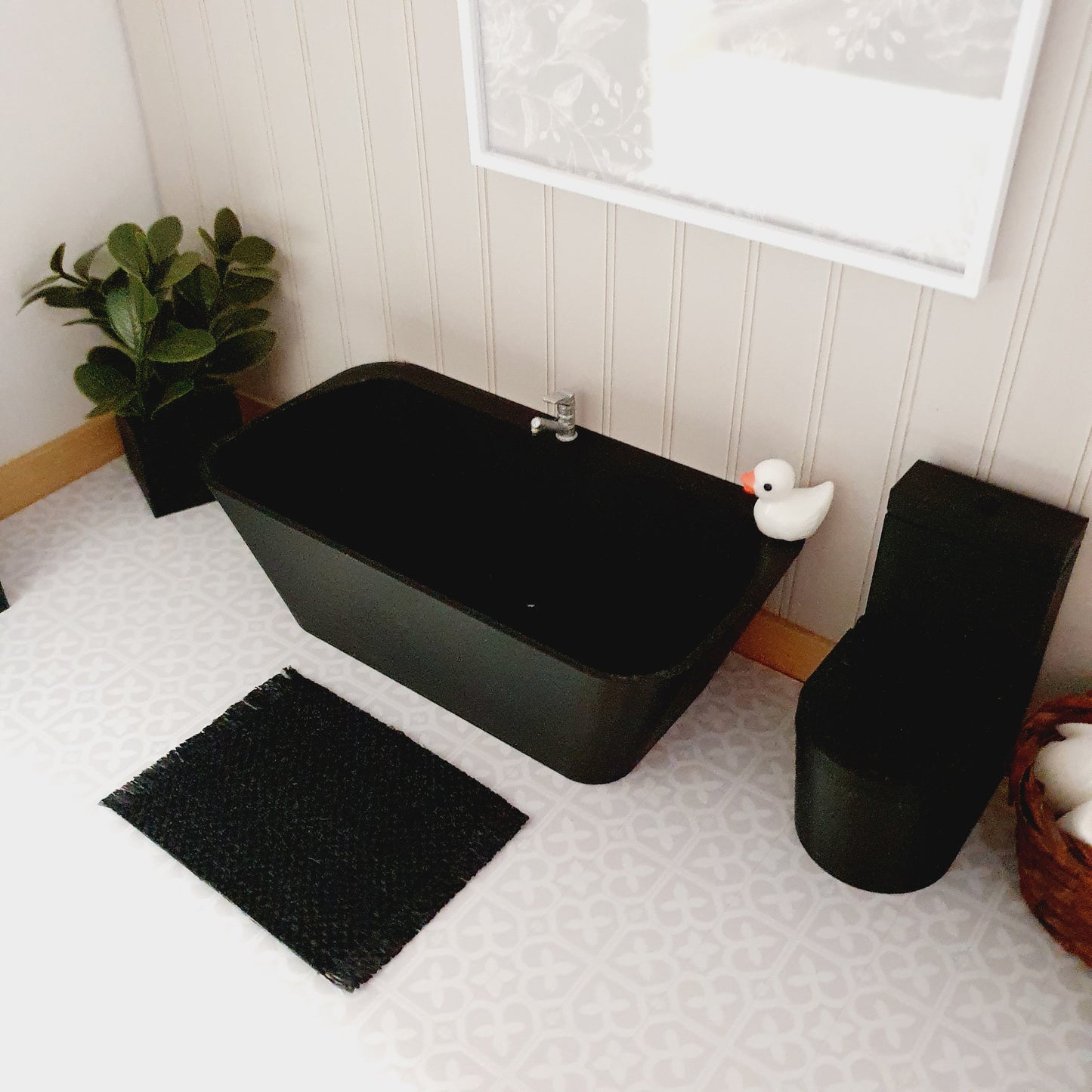 Dolls House Modern Black Bathroom Set, Bath, Vanity with double sinks, Toilet, soap pump & mirror, 1:12th scale, miniature set