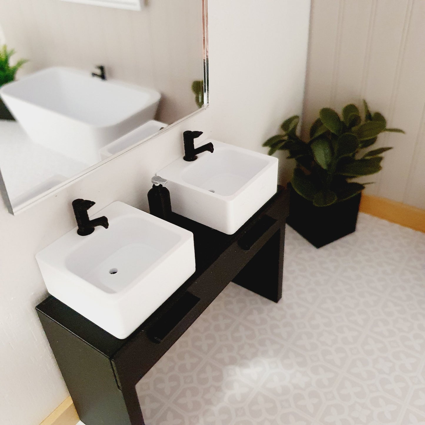 Dolls House Modern Black Bathroom Set, Bath, Vanity with double sinks, Toilet, soap pump & mirror, 1:12th scale, miniature set