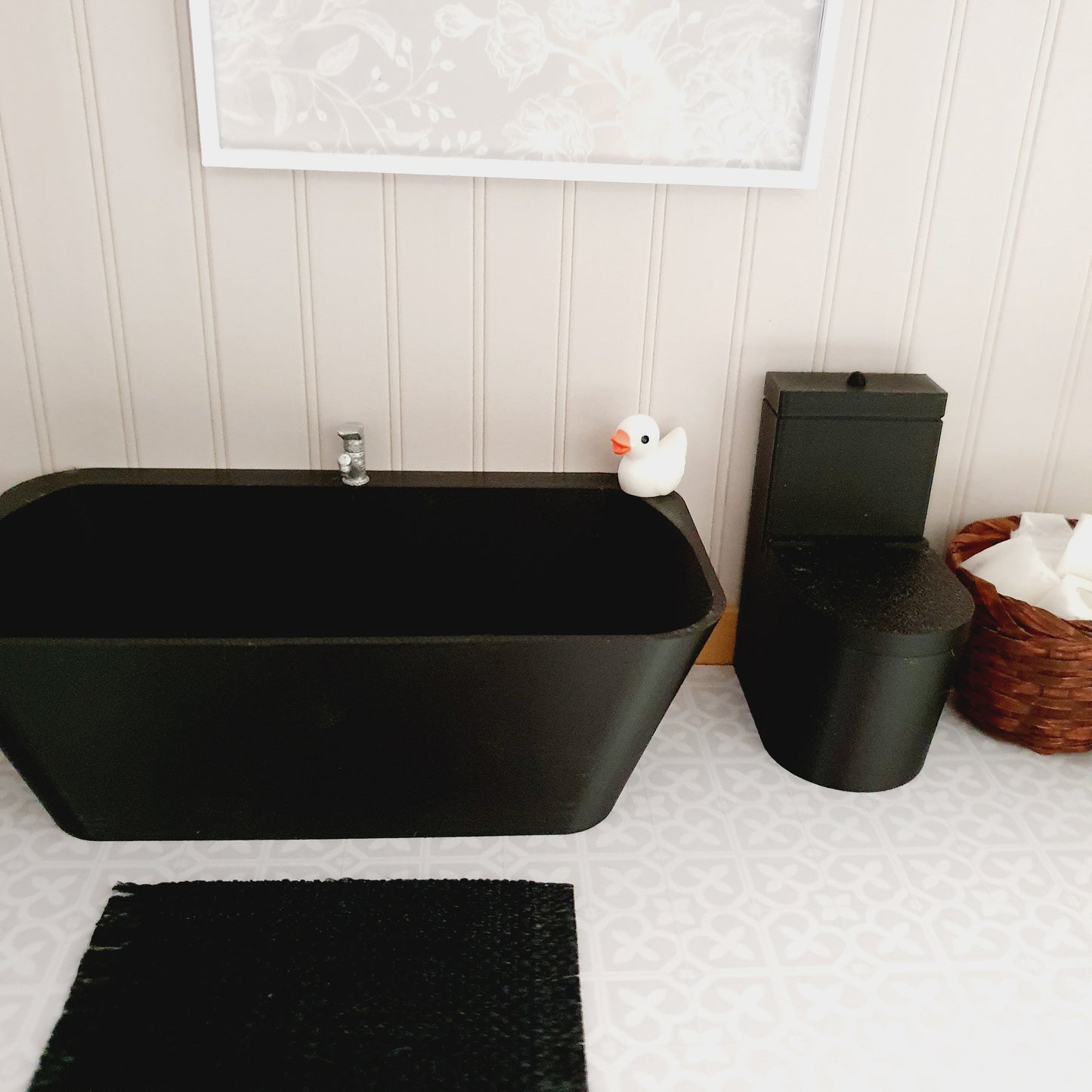 Dolls House Modern Black Bathroom Set, Bath, Vanity with double sinks, Toilet, soap pump & mirror, 1:12th scale, miniature set