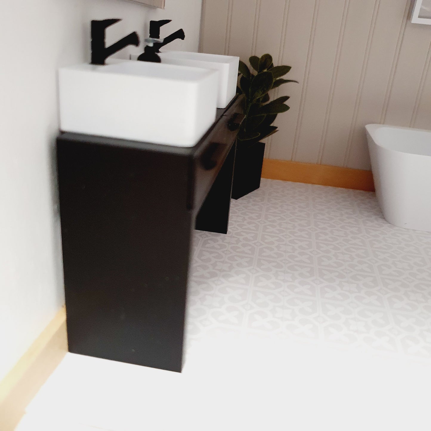 Dolls House Modern Black Bathroom Set, Bath, Vanity with double sinks, Toilet, soap pump & mirror, 1:12th scale, miniature set