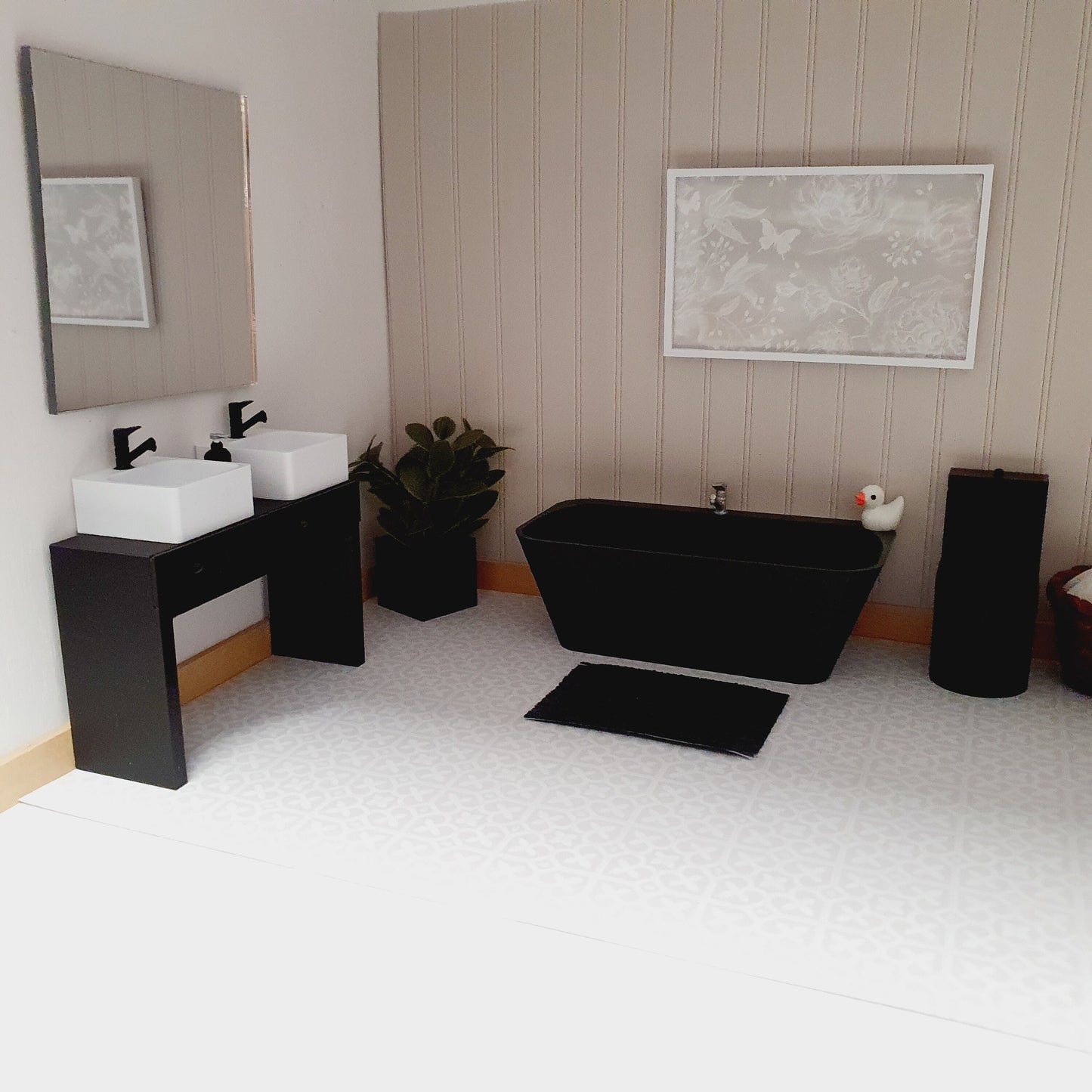Dolls House Modern Black Bathroom Set, Bath, Vanity with double sinks, Toilet, soap pump & mirror, 1:12th scale, miniature set