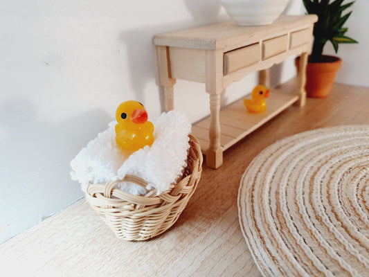 Dolls House Wicker Towel Basket with 3 Rolled up Towels and a cute little duck,  1:12th Scale, Miniature