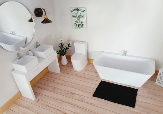 Dolls House Modern Bathroom Set, Bath, Vanity with double sinks, Toilet, soap pump & mirror, 1:12th scale, miniature set