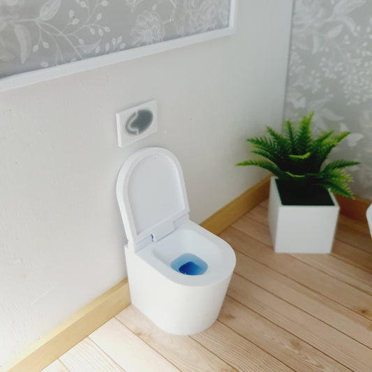 Dolls House Modern Back to Wall Toilet | Hinged Lid & Blue Cleaner | 1:12 Scale Miniature