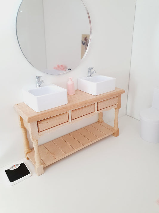 Dolls House Modern Wooden Vanity Stand with 2x White Square Sinks  1:12th Scale, Miniature Vanity Unit (VAW-2)