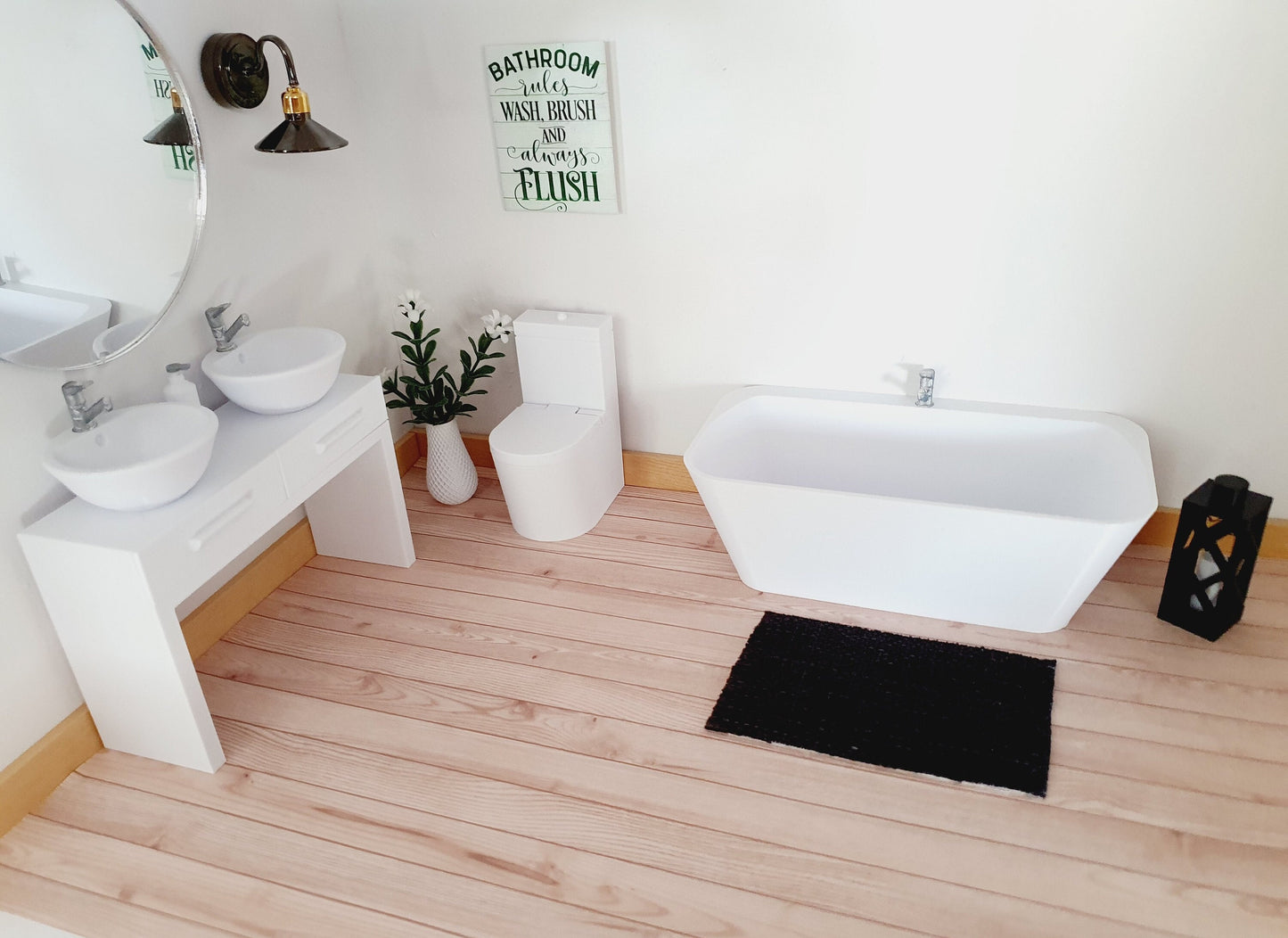 Dolls House Modern Bathroom Set, Bath, Vanity with double sinks, Toilet, soap pump & mirror, 1:12th scale, miniature set