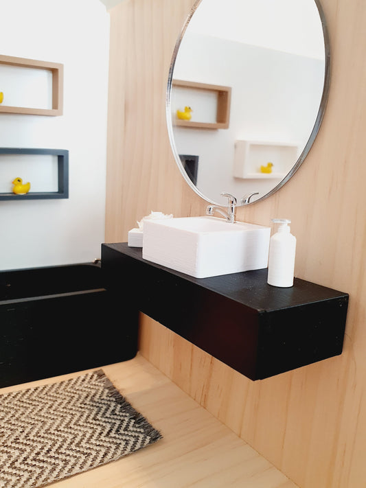 Dolls House Modern Black or Dark Grey Bathroom Vanity with White Round or Square Sink with Silver Tap 1:12th Scale, Miniature (FVA-2)