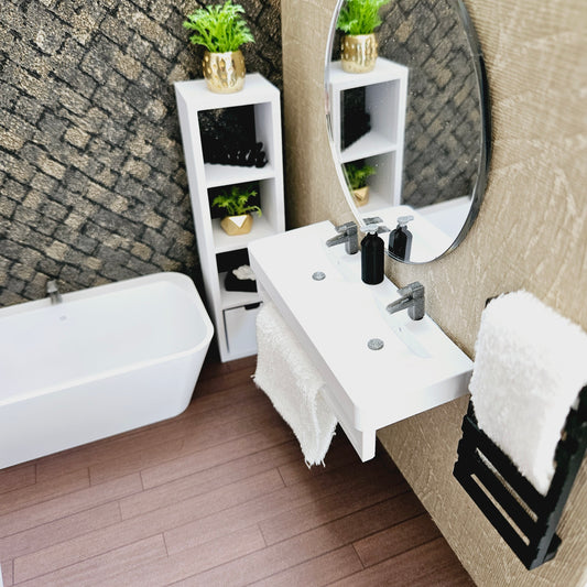 Dolls House Modern Double sink vanity with towel rail, Bathroom Vanity, 1:12th Scale, Miniature sink
