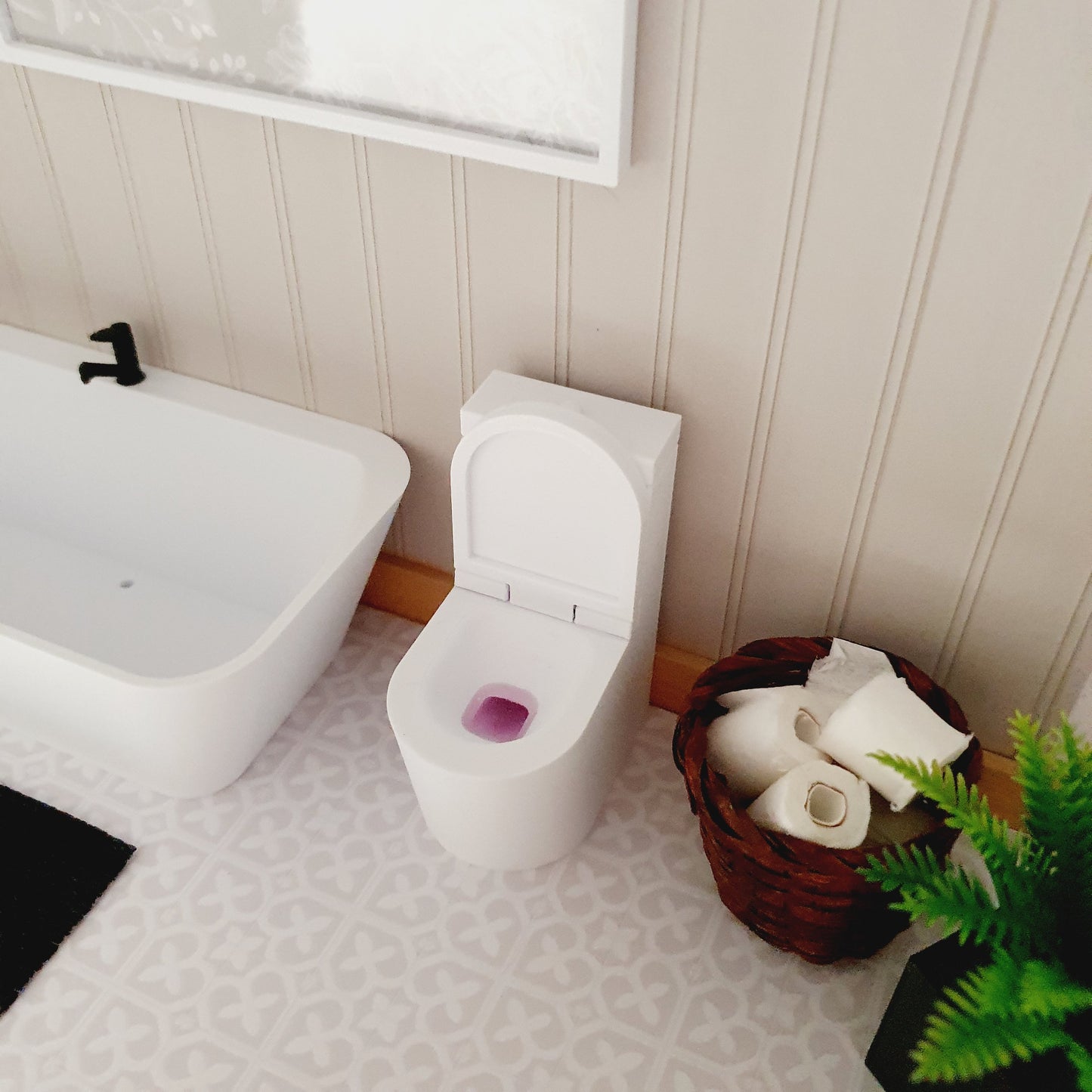 Dollhouse White Modern Toilet With Working Hinged Toilet Lid and Pink Toilet cleaner, 12th Scale, Miniature Toilet, Miniature Bathroom