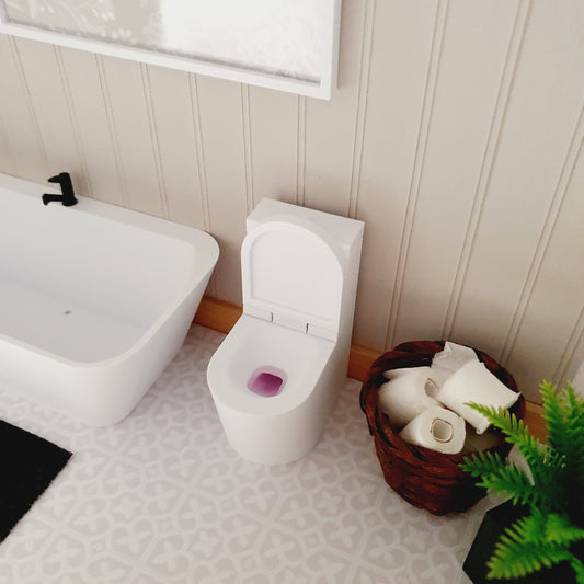 Dollhouse White Modern Toilet With Working Hinged Toilet Lid and Pink Toilet cleaner, 12th Scale, Miniature Toilet, Miniature Bathroom