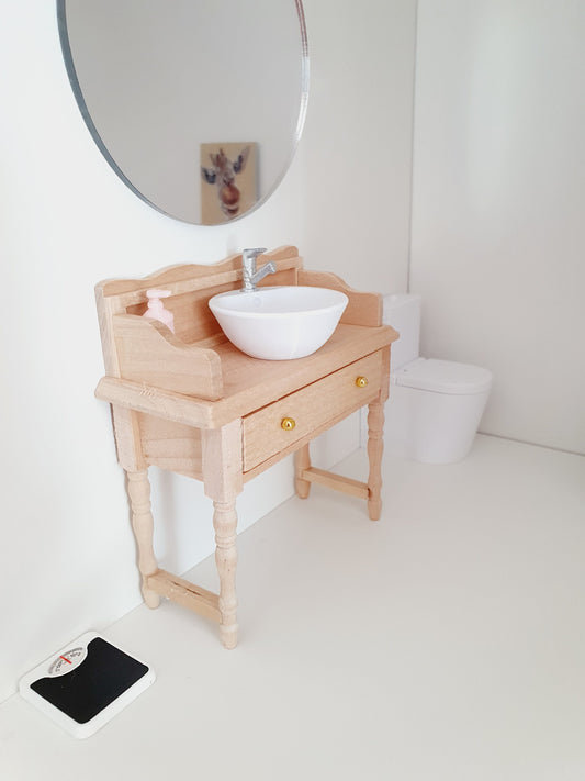 Dolls House Modern Wooden Vanity Stand with 1x White Round Sink and a large round mirror 1:12th Scale, Miniature Vanity Unit (VAW-1)
