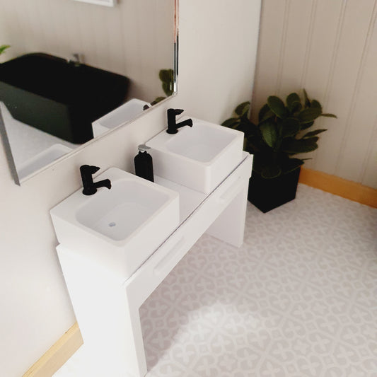 Dolls House Modern Vanity Stand, 2x Opening Drawers with 2x White Round or Square Sink with black taps  1:12th Scale, Miniature (VA-DT)
