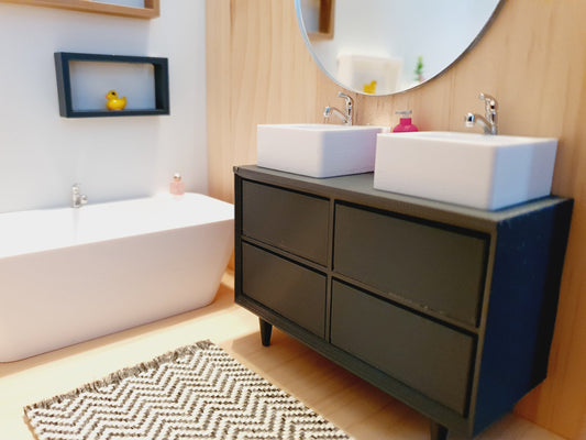 Dolls House Modern Bathroom Vanity Unit with 2x Square or Round Sinks, Choice of Colours 1:12th Scale, Miniature Sink