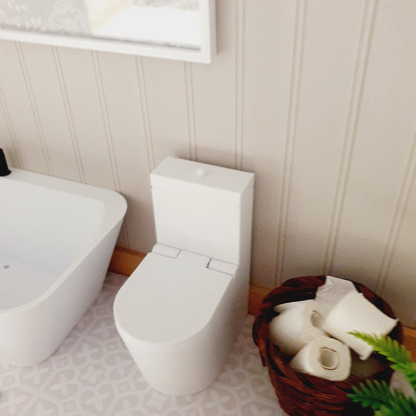 Dollhouse White Modern Toilet With Working Hinged Toilet Lid and Pink Toilet cleaner, 12th Scale, Miniature Toilet, Miniature Bathroom