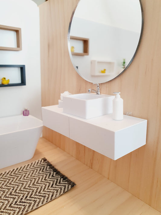 Dolls House Modern White Bathroom Vanity with White Round or Square Sink  1:12th Scale, Miniature (FVA-2)