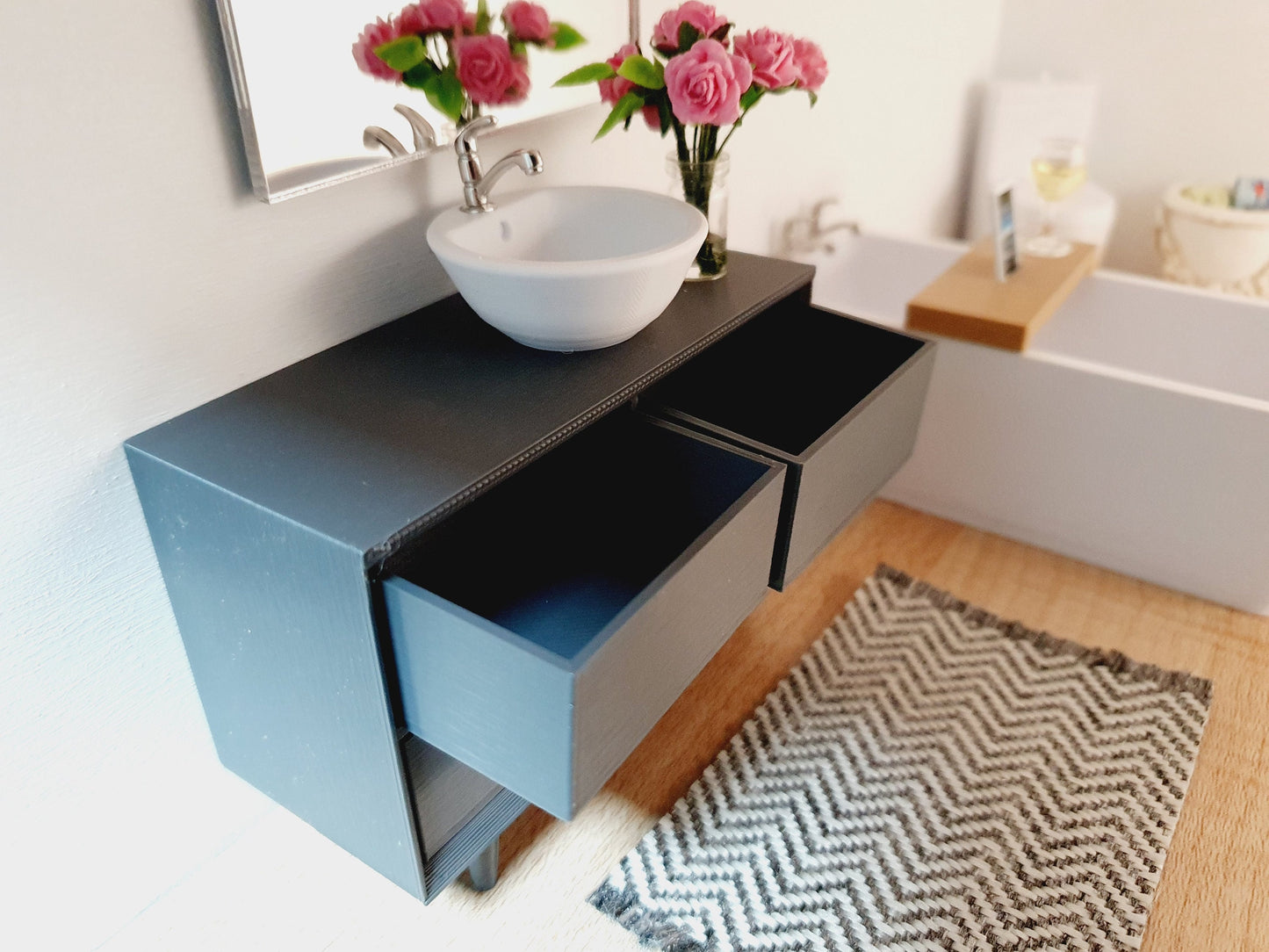 Dolls House Modern Bathroom Vanity Unit with a Round or Square Sink, Choice of Colours 1:12th Scale, Miniature Sink