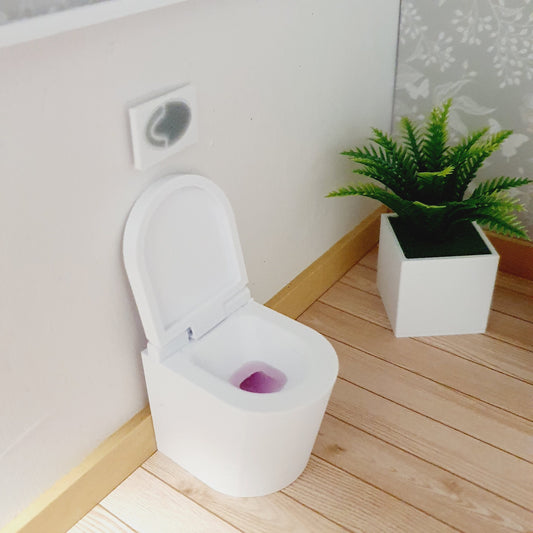 Dolls House White Modern Back to Wall Toilet With Working Hinged Toilet Lid & Pink toilet cleaner, 12th Scale, Miniature Toilet (T5)
