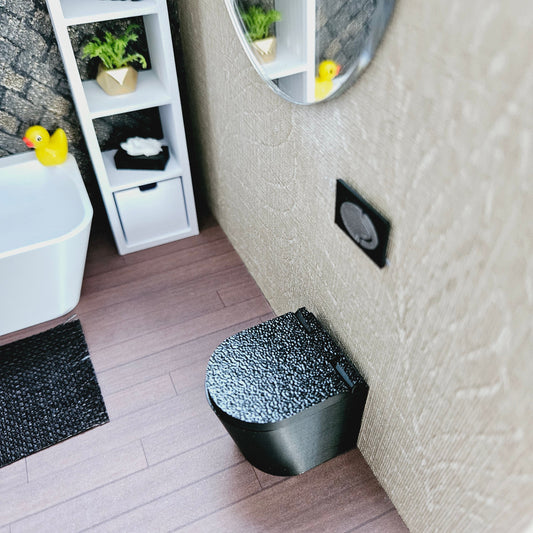 Dolls House Black Modern Back to Wall Toilet With Working Hinged Toilet Lid, 12th Scale, Miniature Toilet, Miniature Bathroom (T2)