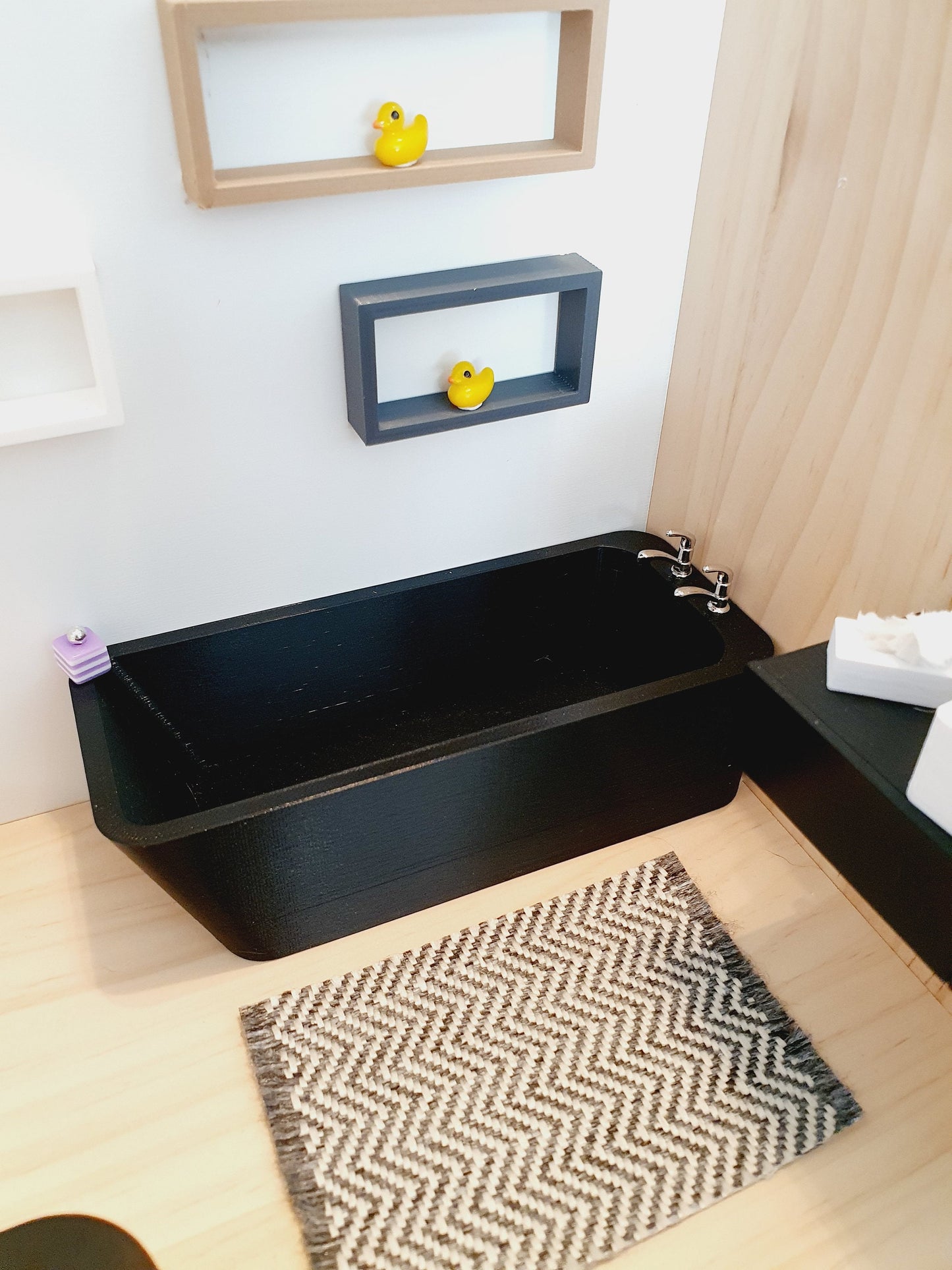 Dolls House Modern Black Bath with chrome taps, 1:12th Scale, Miniature bath