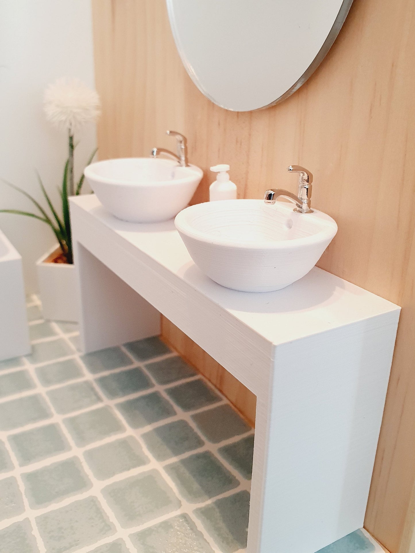 Dolls House Modern Vanity Stand with 2x White Round or Square Sink  1:12th Scale, Miniature Vanity Unit (VA-BB)