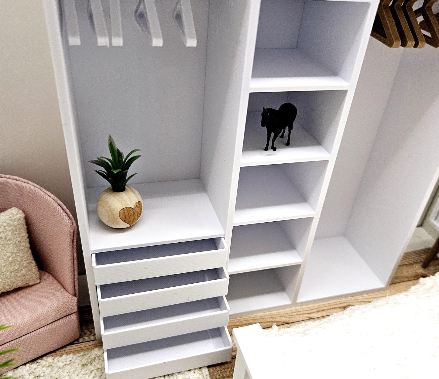 Dolls House Open Wardrobe Storage Unit – Modern Bedroom Organisation, 12th scale, inch scale Miniature Furniture
