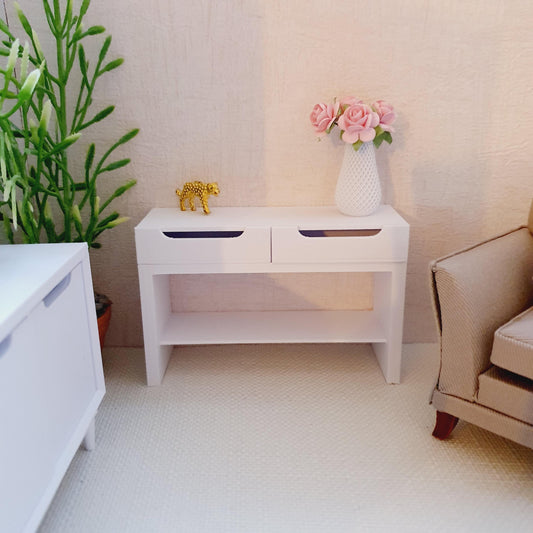 Dolls House Modern Dressing Table/ Console Table with 2x Opening Drawers, with a bottom shelf, 12th Scale, Miniature
