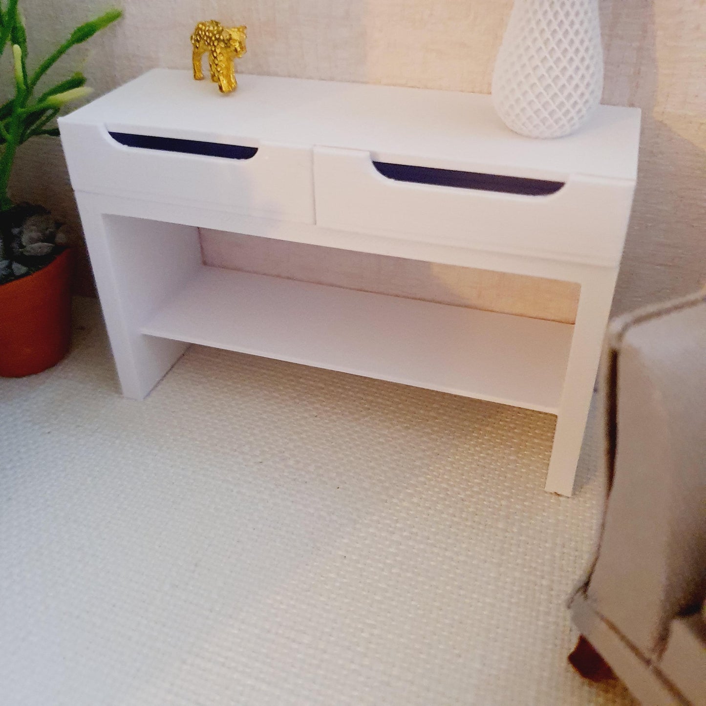 Dolls House Modern Dressing Table/ Console Table with 2x Opening Drawers, with a bottom shelf, 12th Scale, Miniature