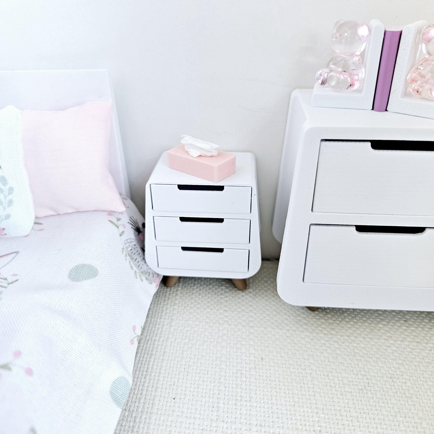 Dolls House 12th Scale Bedside Table - Inch Scale Night Stand - Modern 3 drawer unit