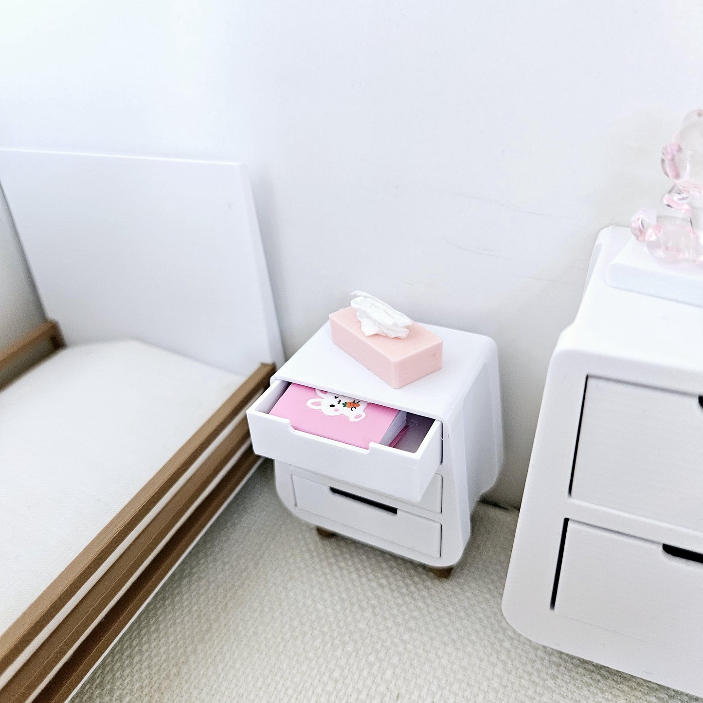 Dolls House 12th Scale Bedside Table - Inch Scale Night Stand - Modern 3 drawer unit
