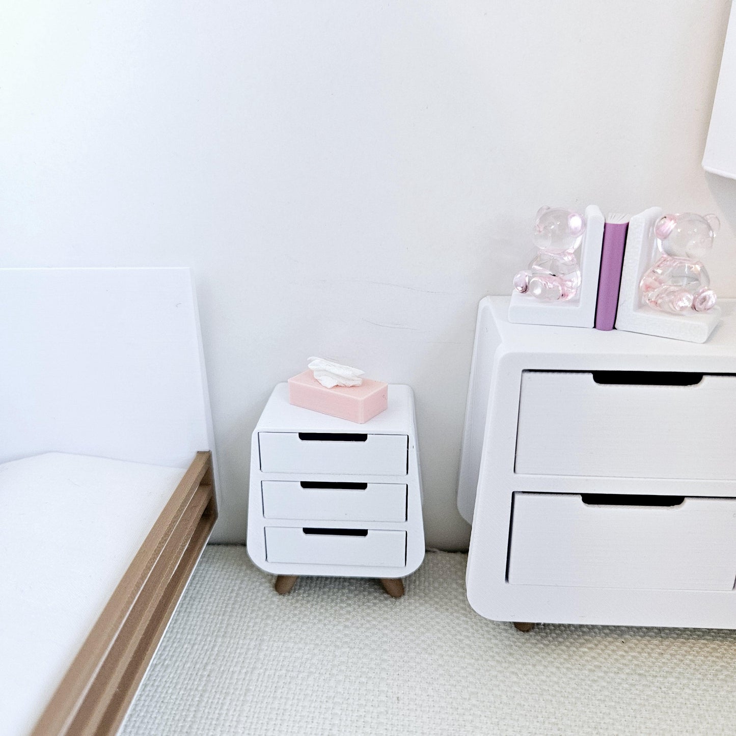 Dolls House 12th Scale Bedside Table - Inch Scale Night Stand - Modern 3 drawer unit