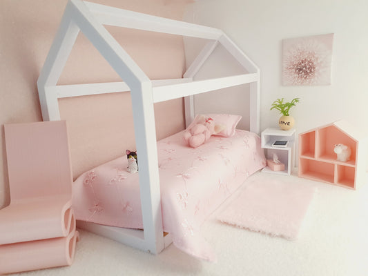 Dolls House Single House Bed with mattress, Choice of Colours, 1:12th Scale, Miniature Bed (BRHB)