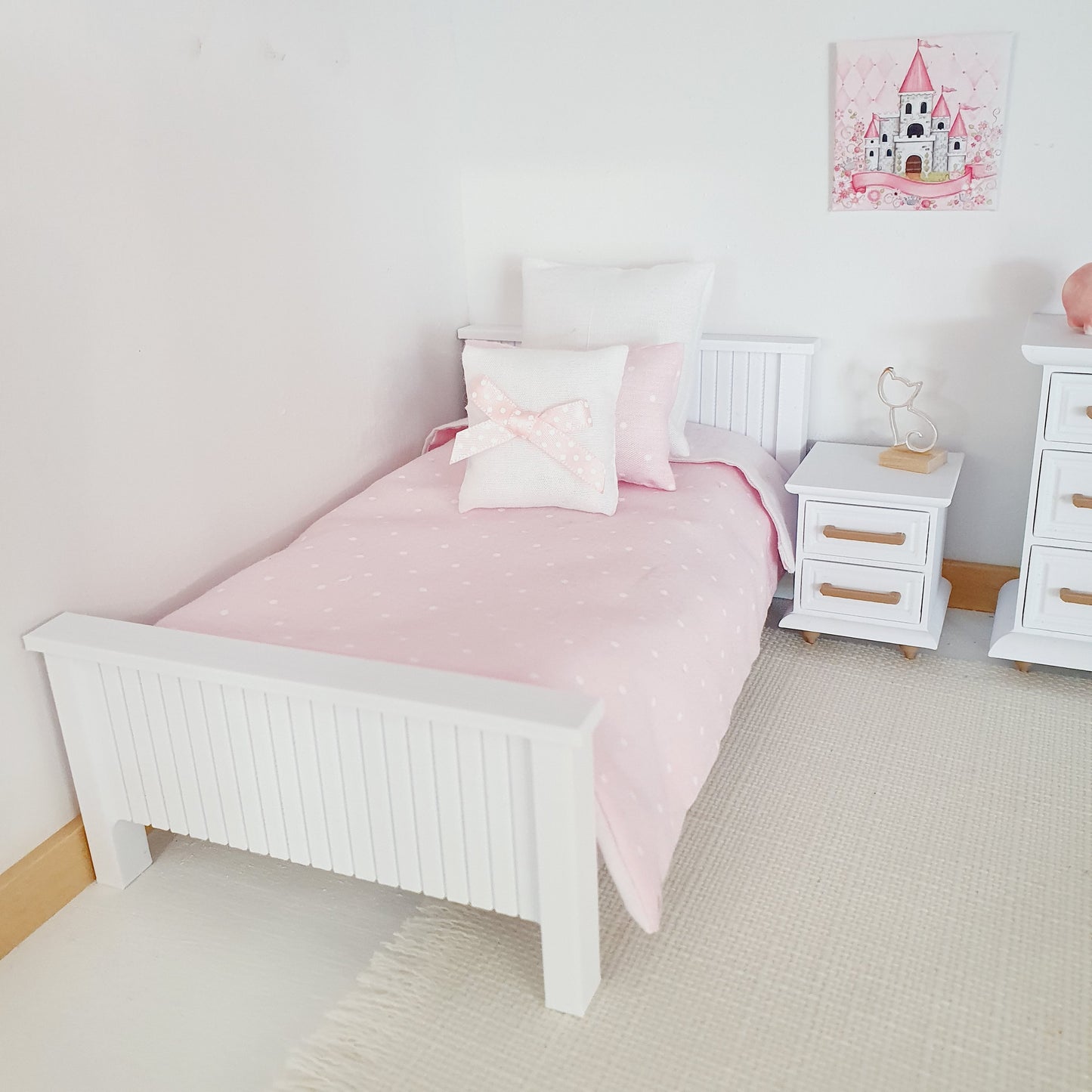 Dolls House Single Bed, Modern Doll House Furniture. 1:12th Scale, Miniature Bed, Choice of Colours (BRSB)