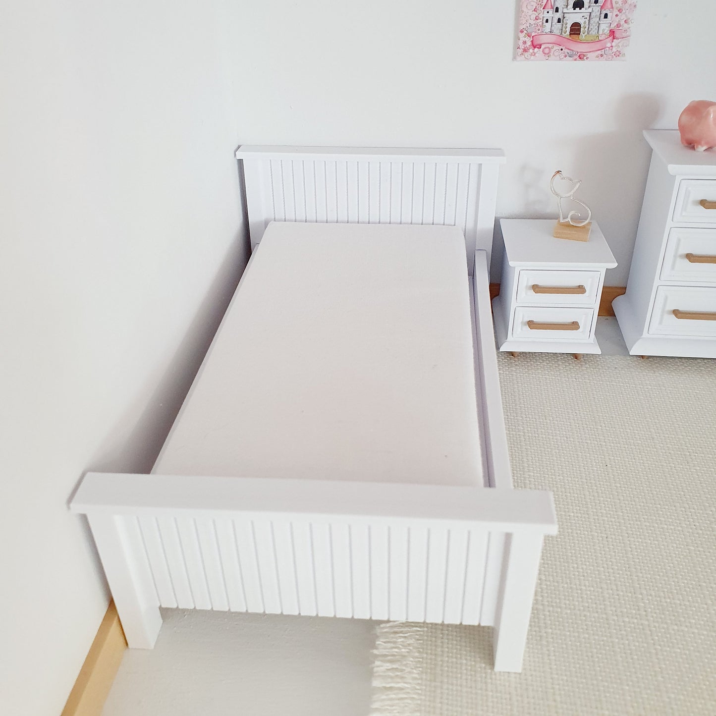 Dolls House Single Bed, Modern Doll House Furniture. 1:12th Scale, Miniature Bed, Choice of Colours (BRSB)